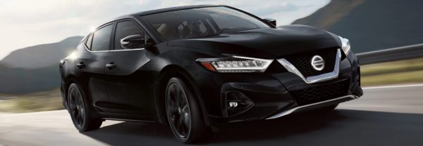 2019 Nissan Maxima in black driving on a mountain highway